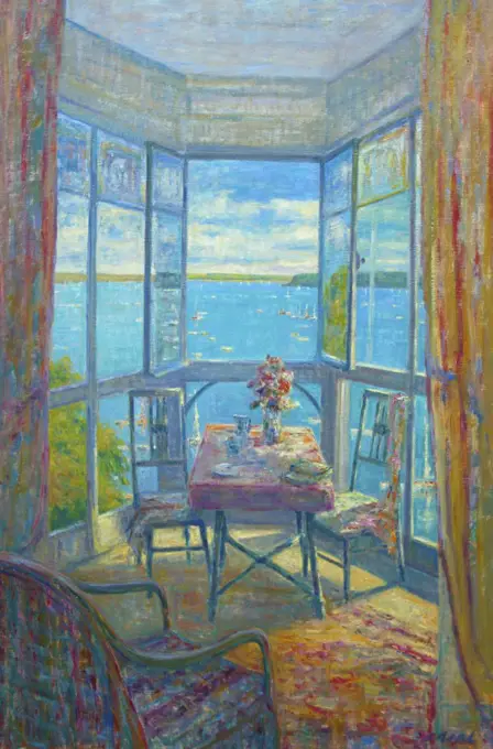 Impressionist interior composition with open window and view to sea .