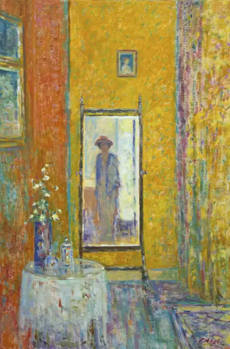 interior - Still Life composition with reflected female figure standing to her new hat.