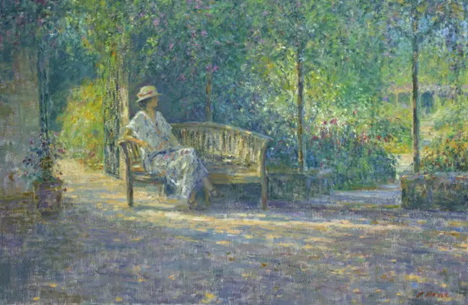 Garden scene with seated female figure.