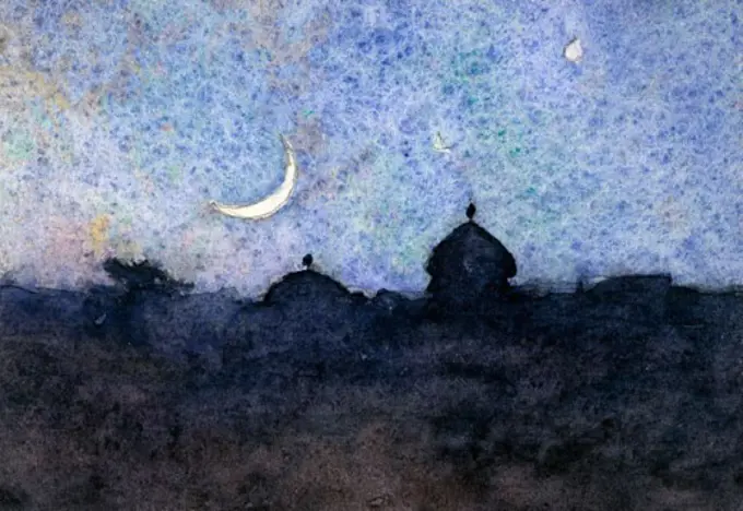 Night Landscape With Cresent Moon  Charvot, Eugene(1847-1924 French) Watercolor Cummer Museum of Art & Gardens, Jacksonville, FL 