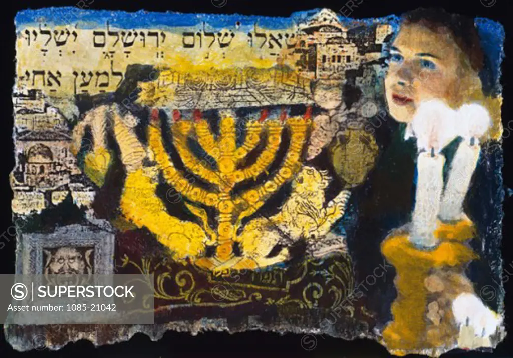 Jerusalem and Menorah Elizabeth Barakah Hodges (21st C. American) Mixed media 