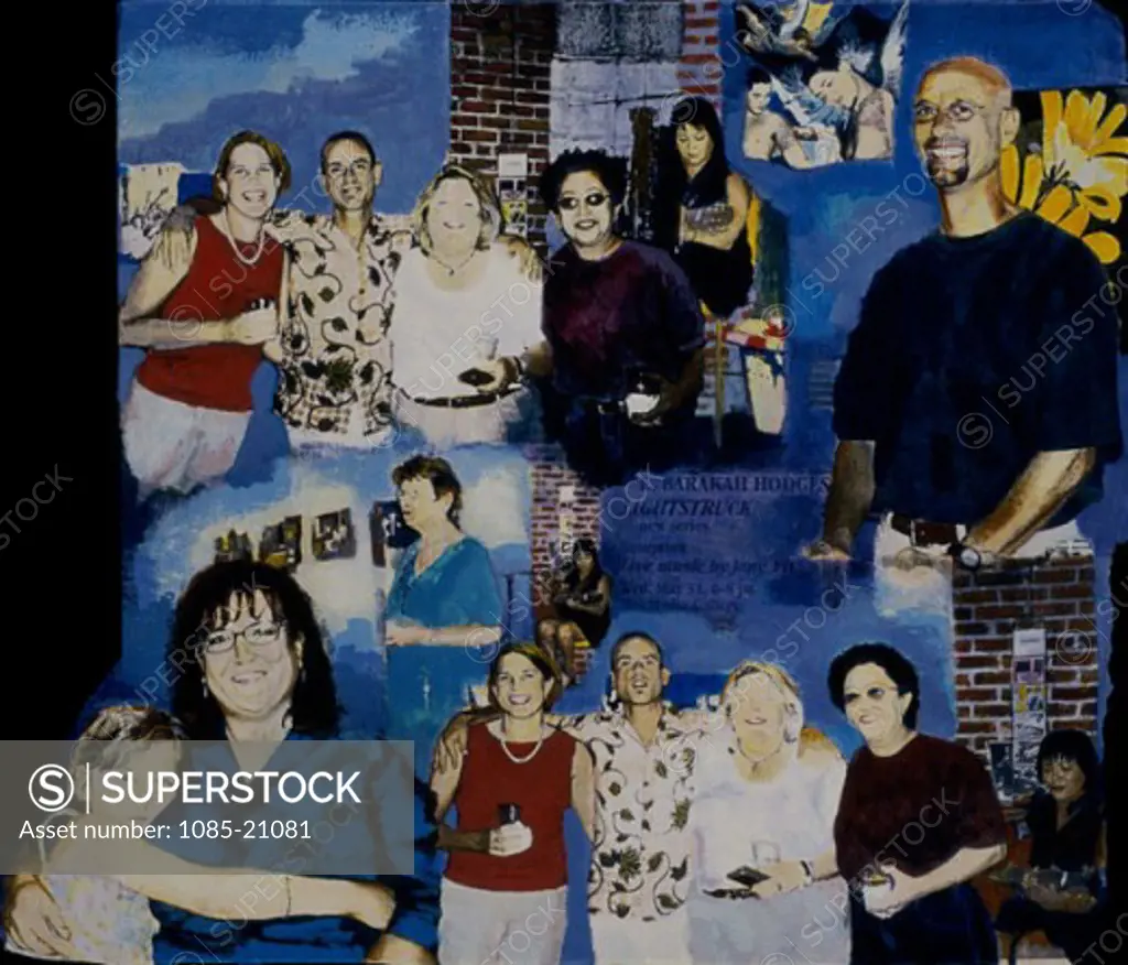 Art Opening 2001 Elizabeth Barakah Hodges(21st C. American) Acrylic+Collage on Canvas