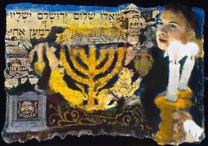 Jerusalem and Menorah Elizabeth Barakah Hodges (21st C. American) Mixed media 