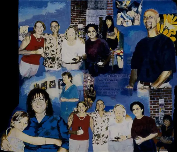 Art Opening 2001 Elizabeth Barakah Hodges(21st C. American) Acrylic+Collage on Canvas