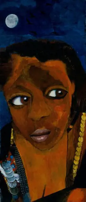 Woman By Moonlight 1997 Elizabeth Barakah Hodges (21st C. American) Acrylic+Collage on Canvas