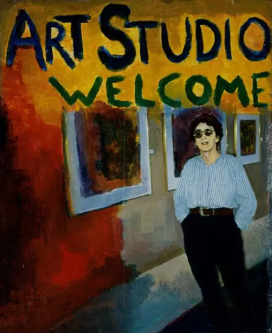 Welcome Studio 1997 Elizabeth Barakah Hodges (21st C. American) Acrylic+Collage on Canvas