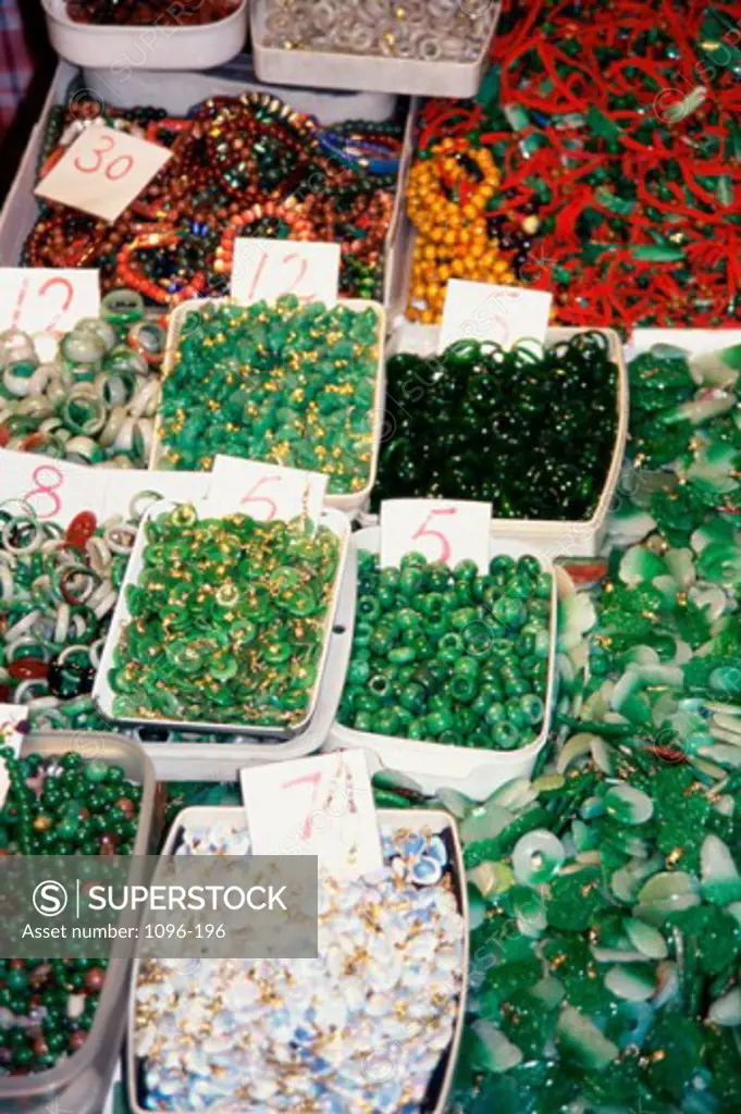 High angle view of gems in a market stall, Jade Market, Hong Kong, China