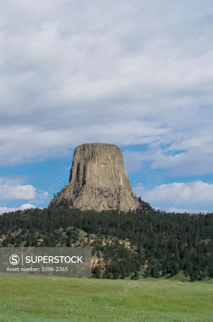 Low angle view of Devil's Tower National Monument, Wyoming, USA