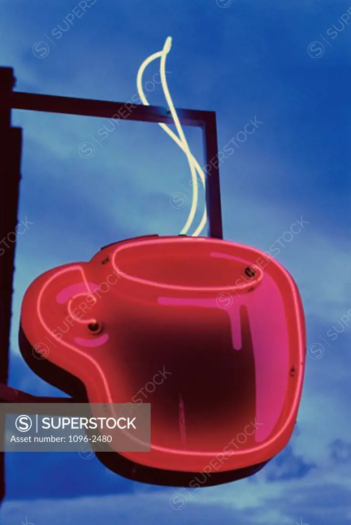 Low angle view of a neon coffee cup sign, Pike Place Market, Seattle, Washington, USA