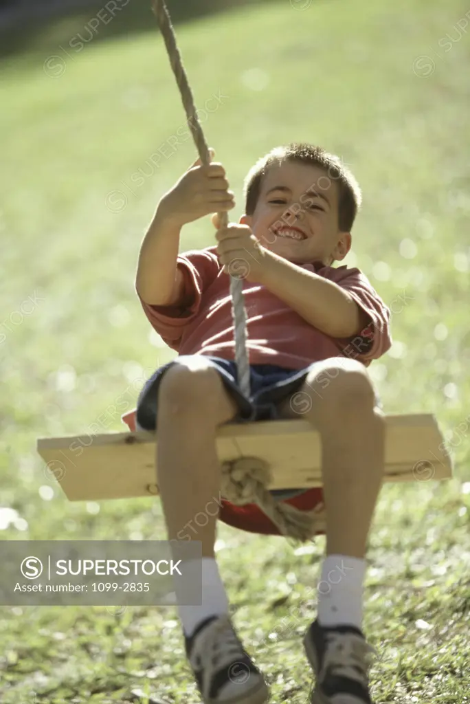 Portrait of a boy swinging on a rope swing