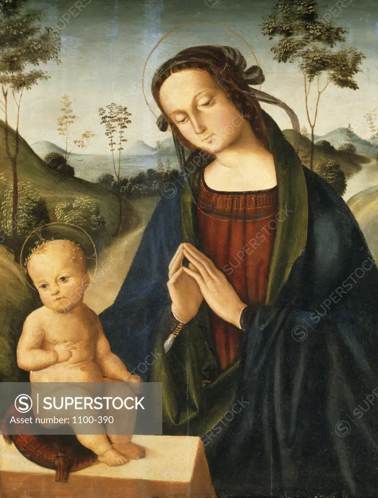 The Madonna and Child in a Landscape,  oil on wood panel,  circa 1500,  Bolognese School