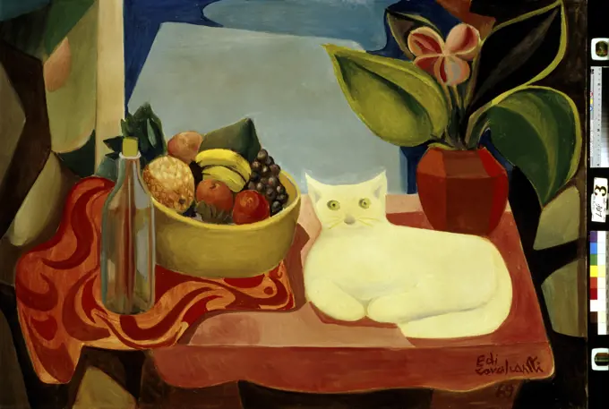 Still Life with White Cat  (Natureza Morta con Gato Blanco)  1969 Emiliano di Cavalcanti (1897-1976/ Brazilian)   Oil on canvas  