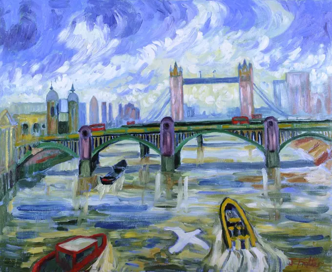 London and Tower Bridges from Millennium Bridge  by Josephine Trotter (b.1940/British) oil on canvas