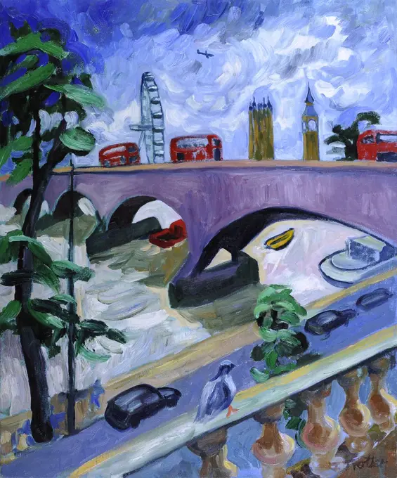 Waterloo Bridge by Josephine Trotter (b.1940/British) oil on canvas