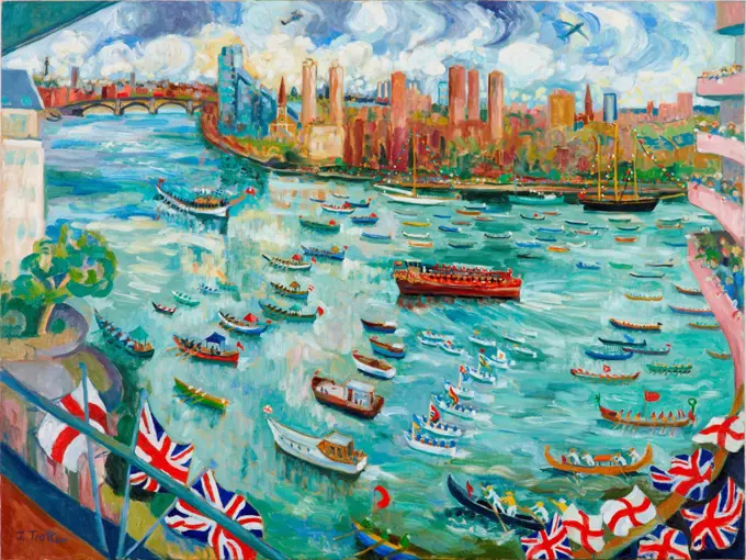 The Queen on The Spirit of Chartwell, River Pageant 2012, Josephine Trotter  (b.1940/British)