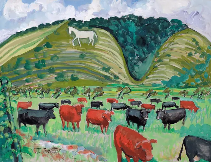 The Uffington Horse and Cows by Josephine Trotter, 2012.  (b.1940/British)