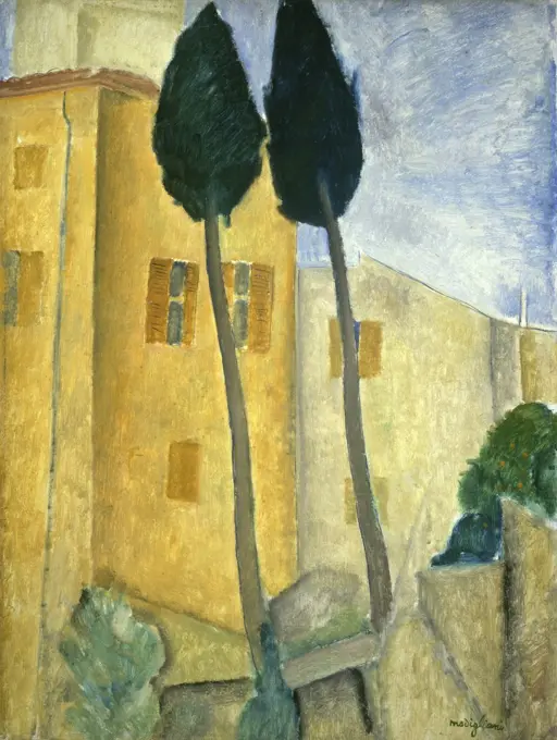 Cypress Trees and Houses  c. 1919 Amedeo Modigliani (1884-1920/Italian)  Oil on Canvas Barnes Foundation, Merion, Pennsylvania     