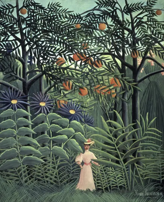 Woman Walking in an Exotic Forest  Femme se Promenante Dans une Foret Exotique 1905, Oil on Canvas Henri  Rousseau (1844-1910/French) Barnes Foundation, Merion, Pennsylvania   