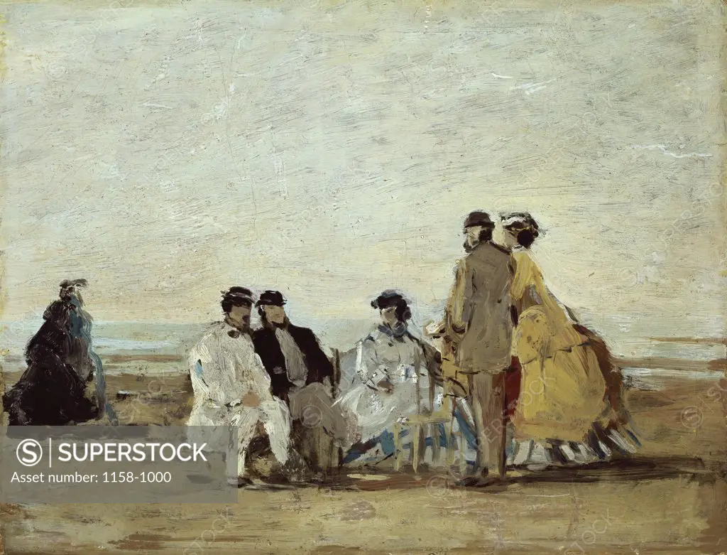 People On The Beach  19th C.  Eugene Louis Boudin (1824-1898/French)  Musee E. Boudin, Honfleur, France 