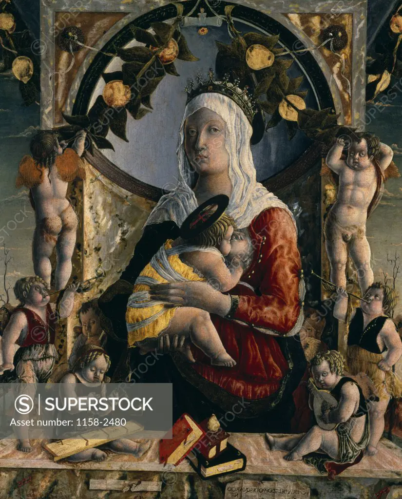 Virgin and Child Surrounded by Eight Angels by Marco Zoppo,  oil on canvas,  (c.1432- c.1478),  Paris,  Musee du Louvre