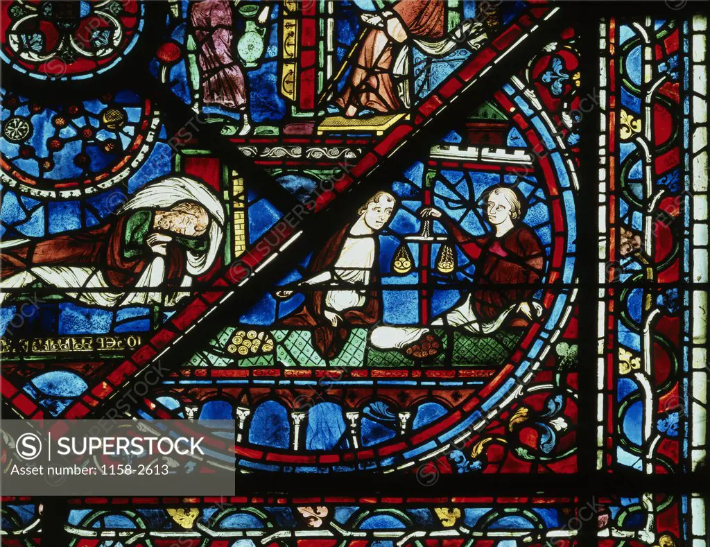 The Money Changers Stained Glass Chartres Cathedral, France 