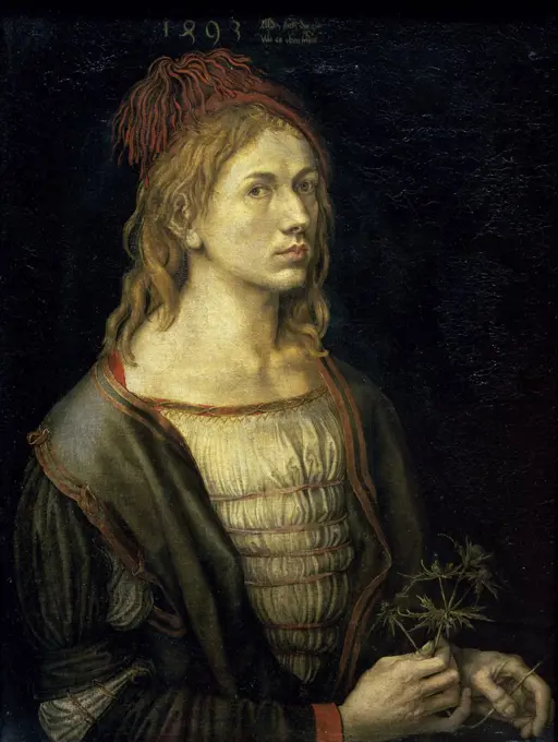 Portrait of the Artist Holding an Erynganeum  15th C. Albrecht Durer (1471-1528/German) Parchment on canvas Musee du Louvre, Paris