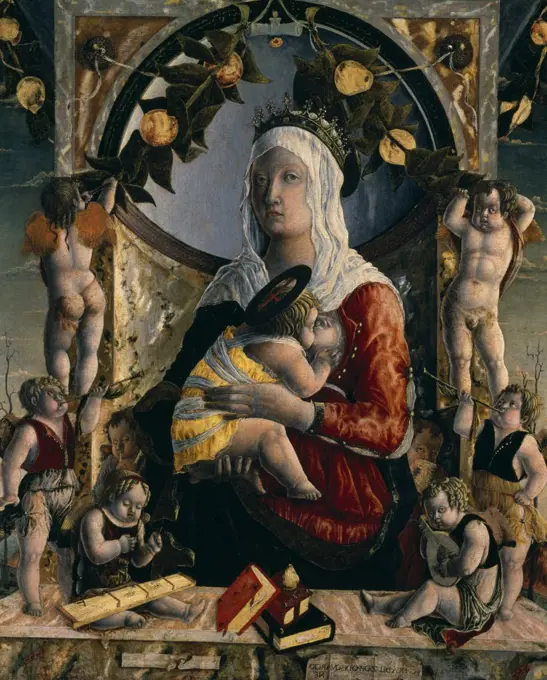 Virgin and Child Surrounded by Eight Angels by Marco Zoppo,  oil on canvas,  (c.1432- c.1478),  Paris,  Musee du Louvre