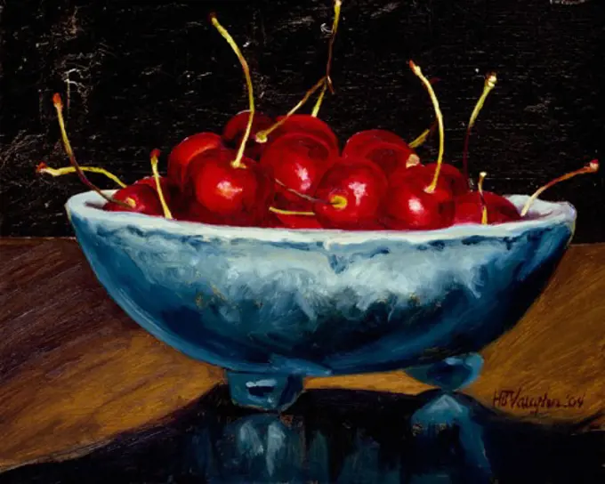 Red Cherries In A Blue Bowl 2004 Helen J. Vaughn (20th C. American) Oil G.Leaf On Board Private Collection