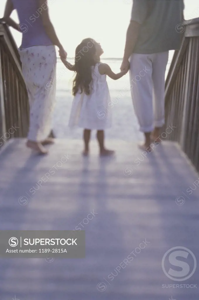 Rear view of a couple on the beach with their daughter