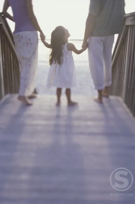 Rear view of a couple on the beach with their daughter