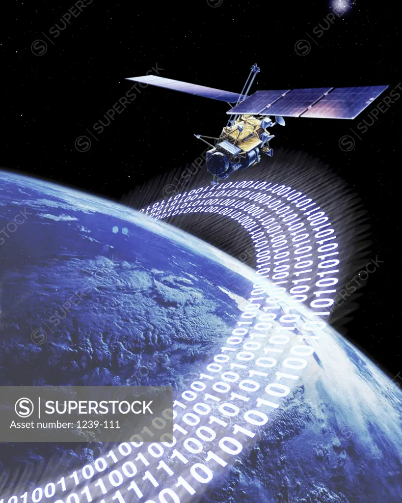 Binary code around the earth with a satellite above