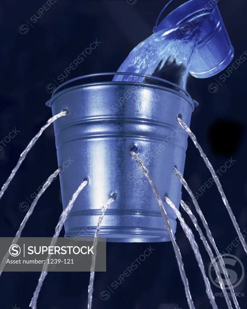 Close-up of water pouring out of holes in a bucket