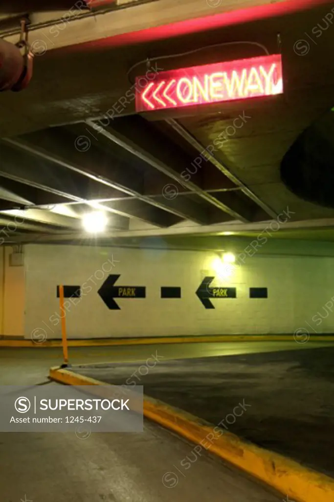 Direction signs in a parking garage