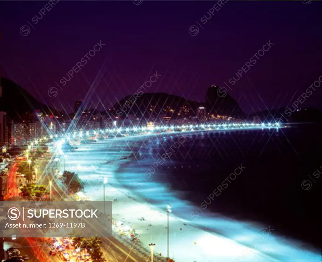 High angle view of a beach at night, Copacabana Beach, Sugarloaf Mountain, Rio de Janeiro, Brazil