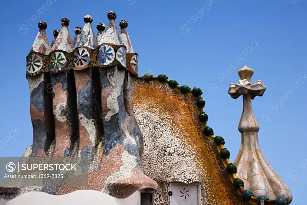 Architectural details of the chimney of a building, Casa Batllo, Barcelona, Catalonia, Spain