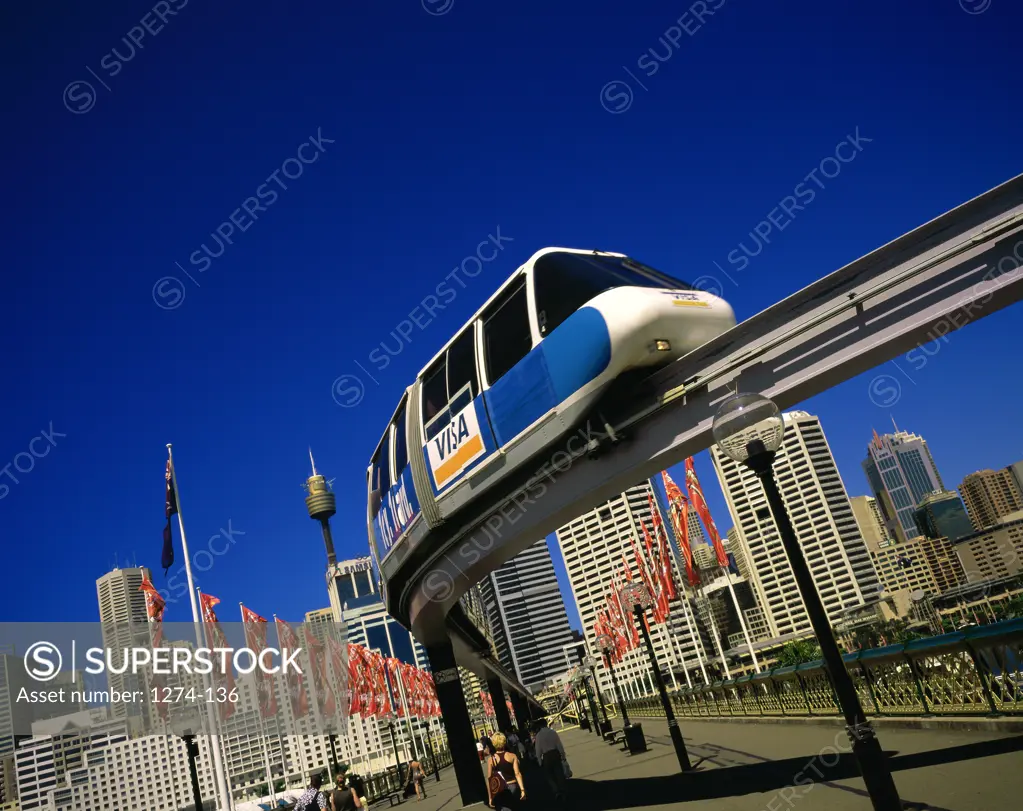 Train on a overhead monorail line, Sydney, Australia