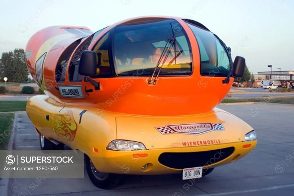 Oscar Mayer Wienermobile automobile shaped like a hot dog on a bun parked in Altoona, Iowa, USA