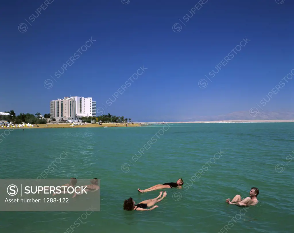 Group of people floating on water, Dead Sea, Israel