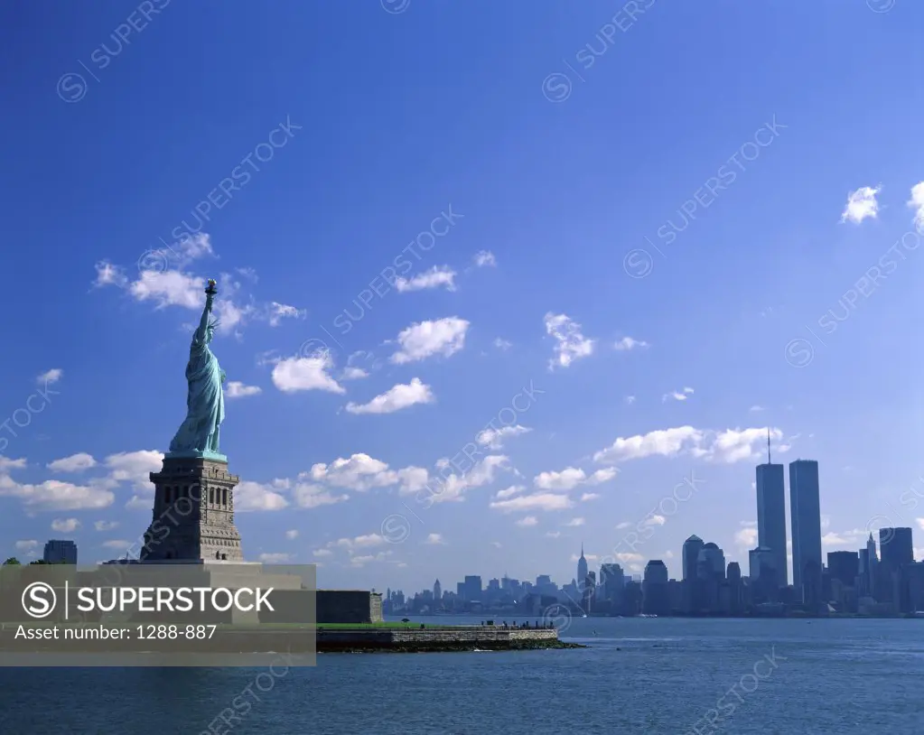 Statue on the waterfront, Statue of Liberty, World Trade Center, New York City, New York, USA