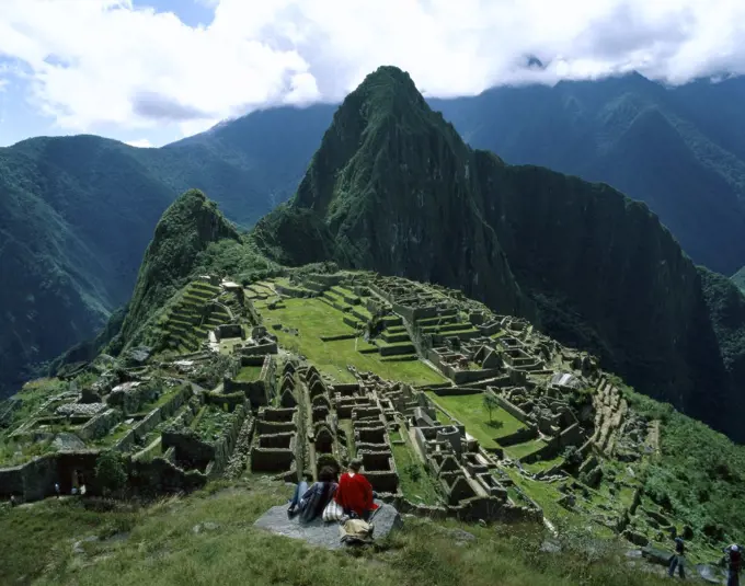 High angle view of Inca ruins, Machu Picchu (Incan), Peru