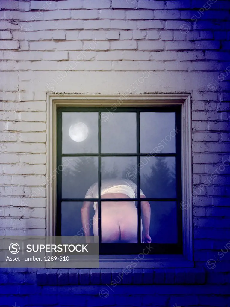 Rear view of a man mooning in the window of a house