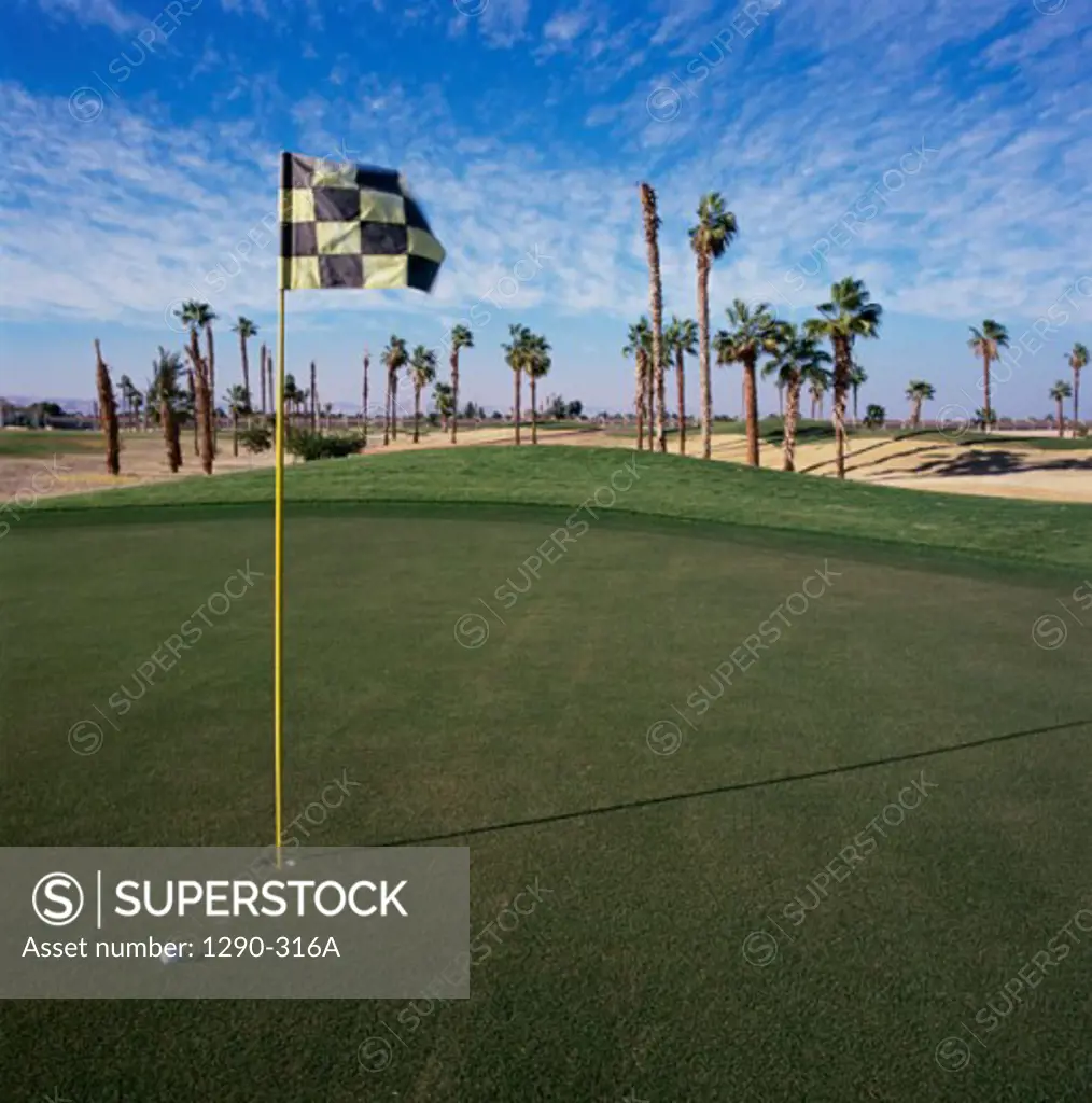 Golf flag and a golf ball on a golf course, Luxor, Egypt