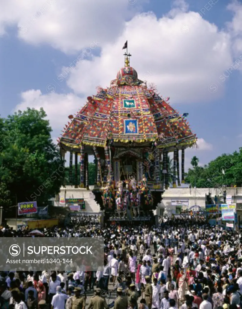 High angle view of a group of people pulling a temple car in a traditional festival, Temple Car Festival, Thiruvarur, Tamil Nadu, India