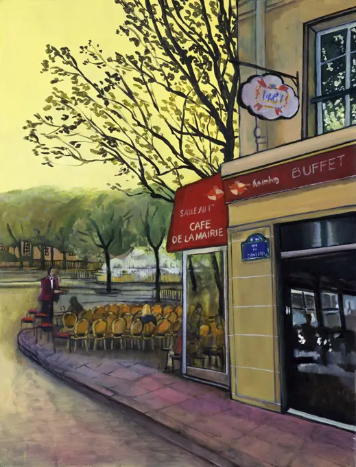 Le Cafe de la Mairie 2000 Isy Ochoa (b.1961/French) Oil on canvas  Private Collection 