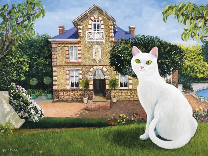 White cat sitting in front of house in domestic garden