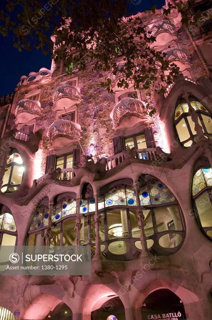 Spain, Catalonia, Barcelona, Close-up of Casa Batllo illuminated at night