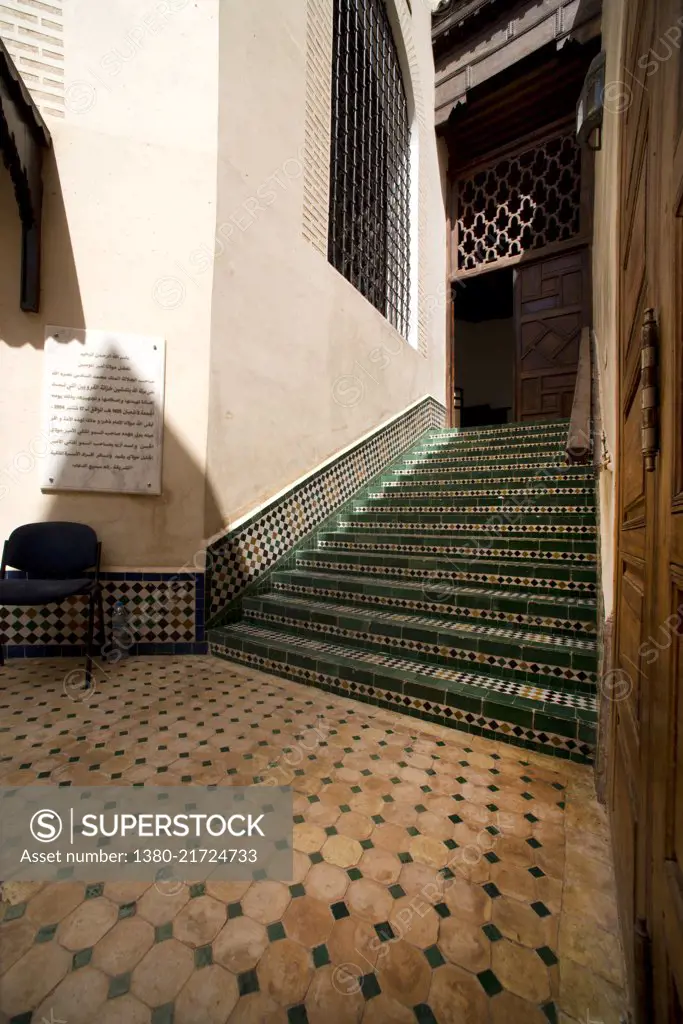 View of the entrance to the al-Qarawiyyin Library on Place el-Seffarine in the Medina, Fez, Morocco.