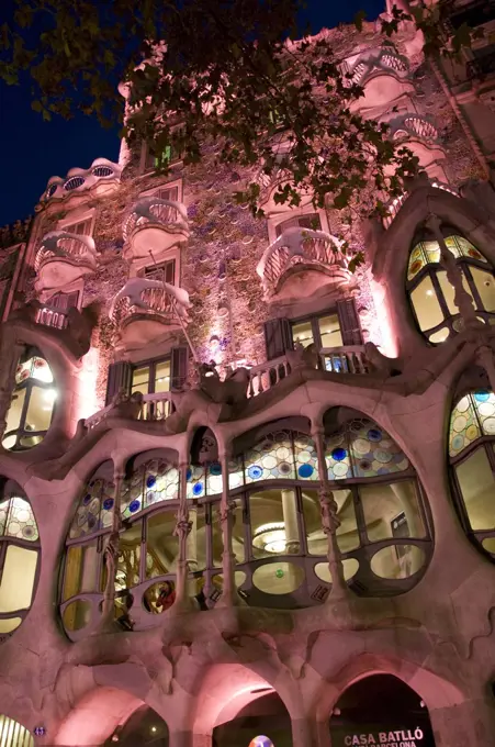 Spain, Catalonia, Barcelona, Close-up of Casa Batllo illuminated at night