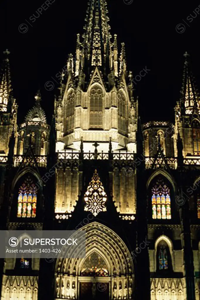 Cathedral lit up at night, Barcelona Cathedral, Barcelona, Spain