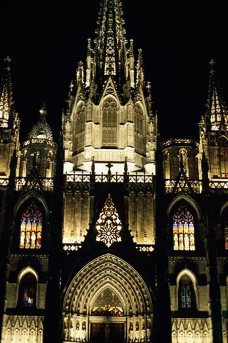 Cathedral lit up at night, Barcelona Cathedral, Barcelona, Spain